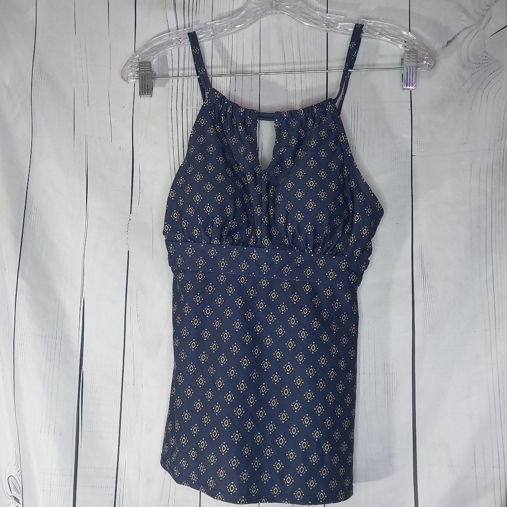 Kona Sol Keyhole Navy Blue Geometric Patterned Tankini Swim Top